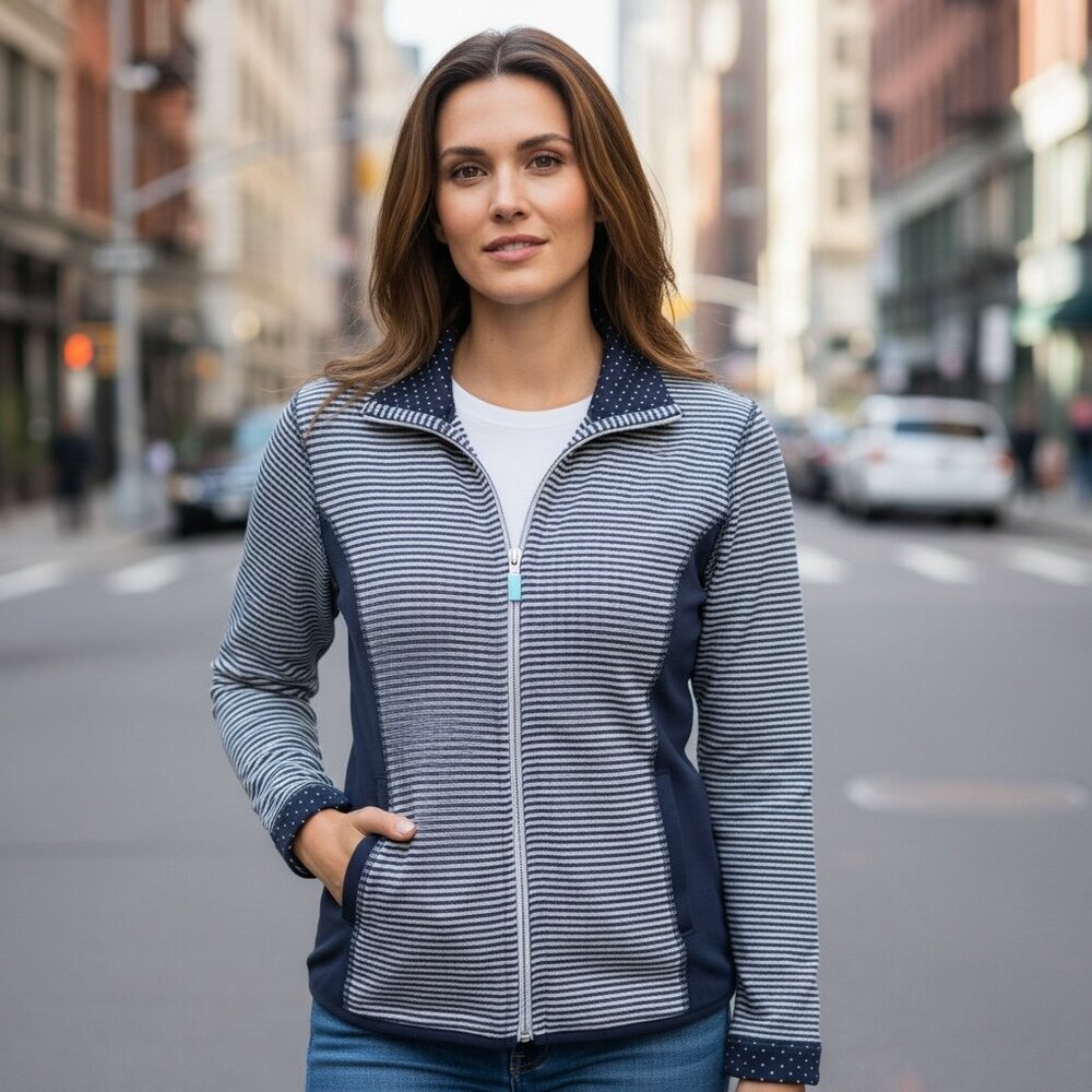 Zenergy Chico's 1 (Sz M/8) Full Zip Jacket Blue Mixed‎ Striped/Dot/Solid 195C